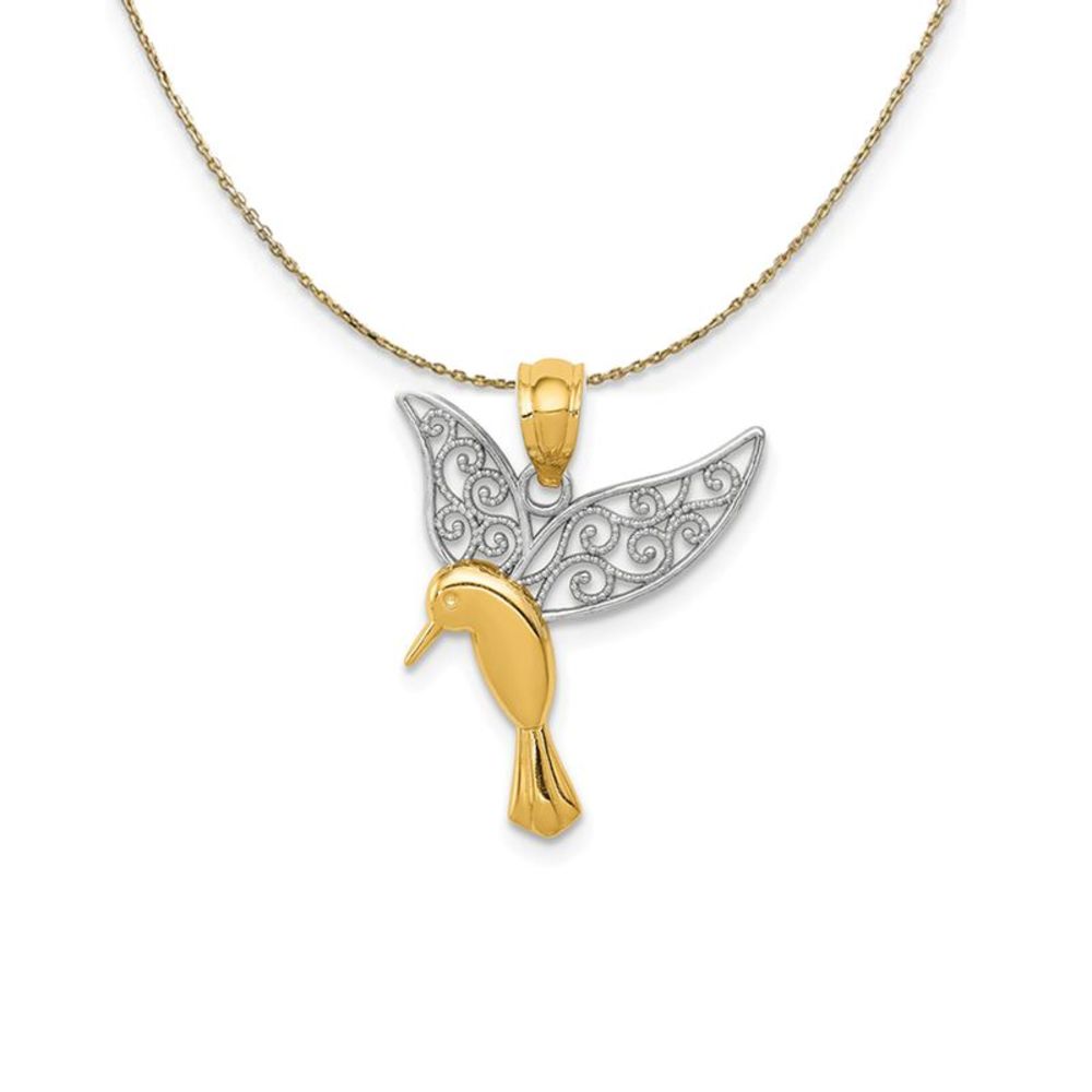 14k Yellow Gold & Rhodium Filigree Hummingbird Necklace - 16 Inch